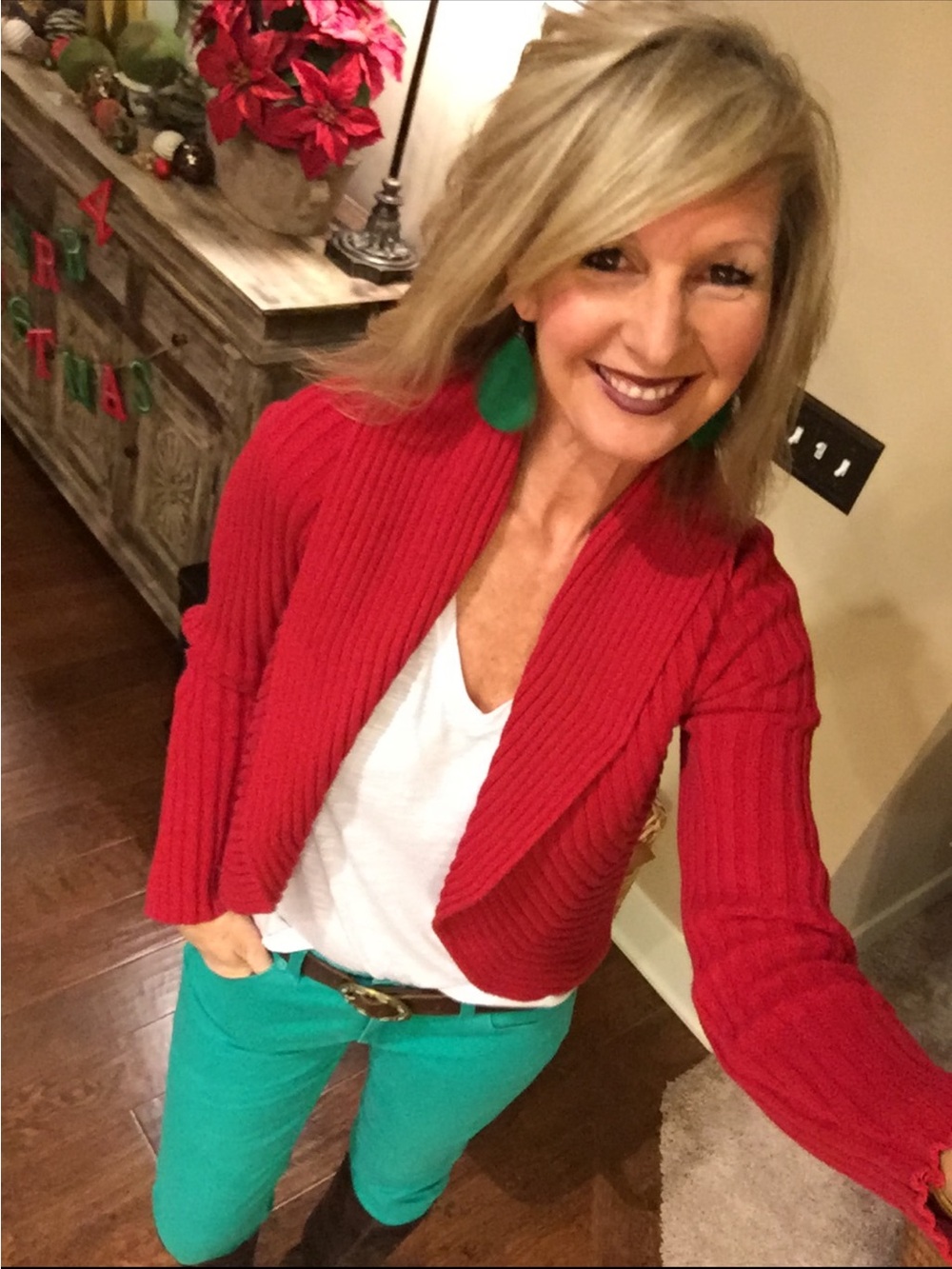 Jones New York Red Ribbed Open-Front Shawl Cardigan Sweater